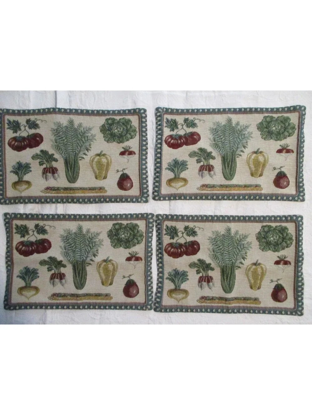 Set of 4 Vintage Vegetable Patterned Placemats with Green Backing